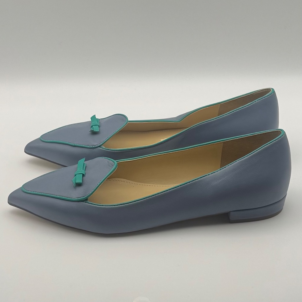 J. CREW Two-tone Pointed Toe Flats Contrast Bow & Piping, Periwinkle, Size 7